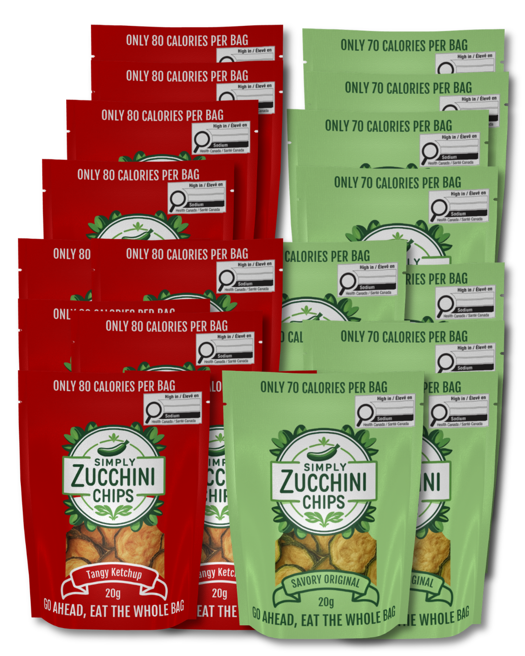 Green Savory Original and red Tangy Ketchup zucchini chips bags in a party pack