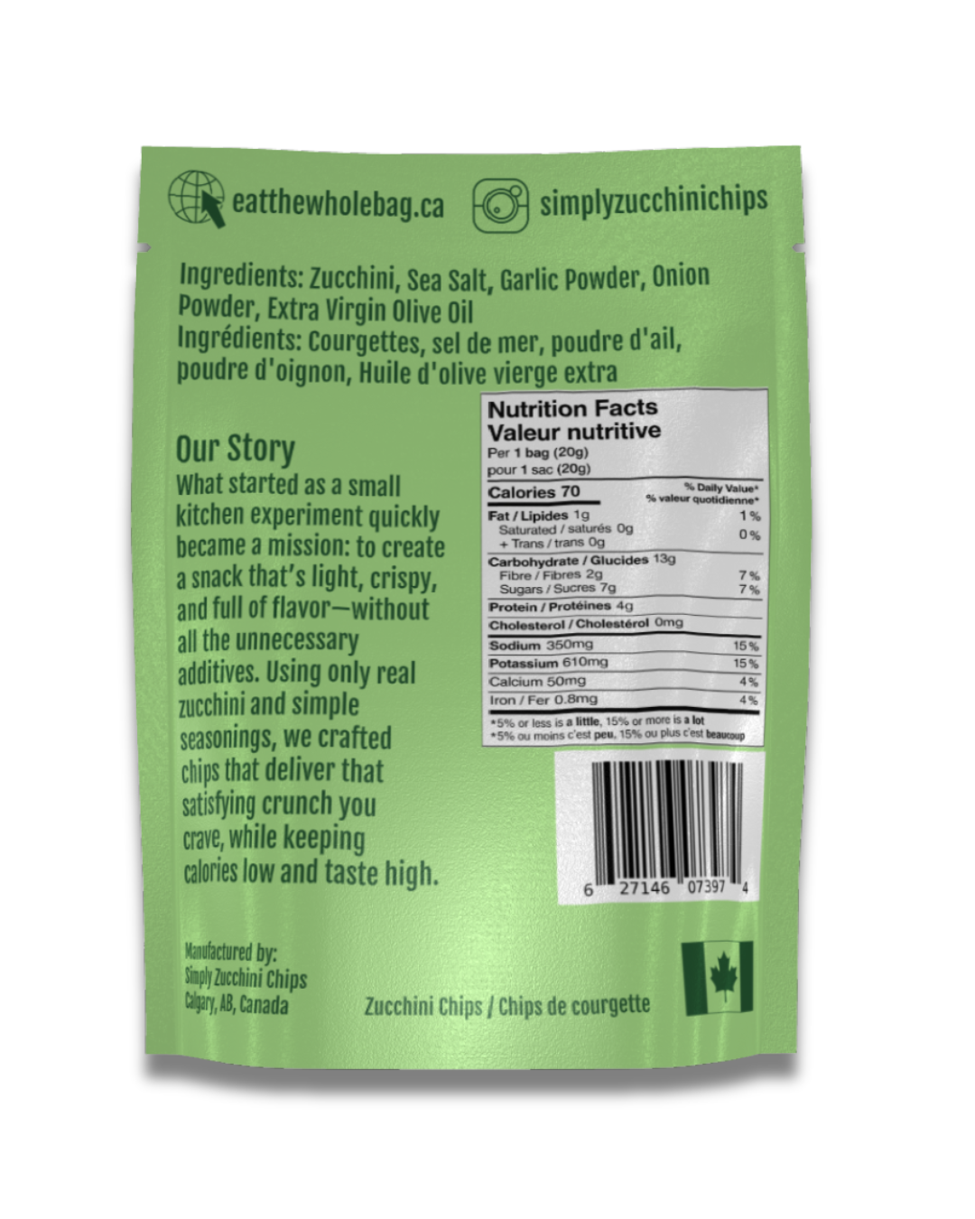 Back of Savory Original zucchini chips bag showing ingredients and nutrition facts