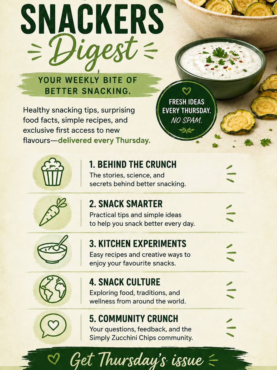A digital graphic of a magazine or newsletter cover titled 'Snackers Digest' featuring a bowl of sliced zucchini chips and dipping sauce on a light beige background with green accents.